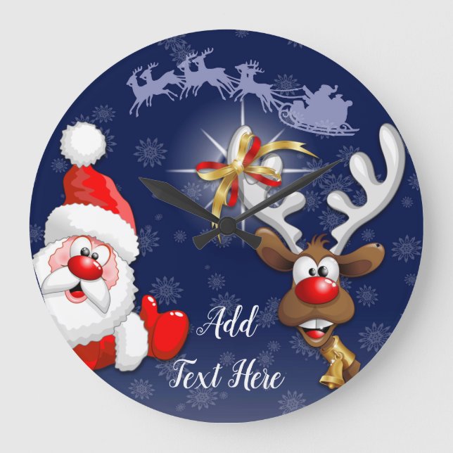 Santa und Reindeer Merry Christmassy Happy Cartoon Große Wanduhr (Vorderseite)