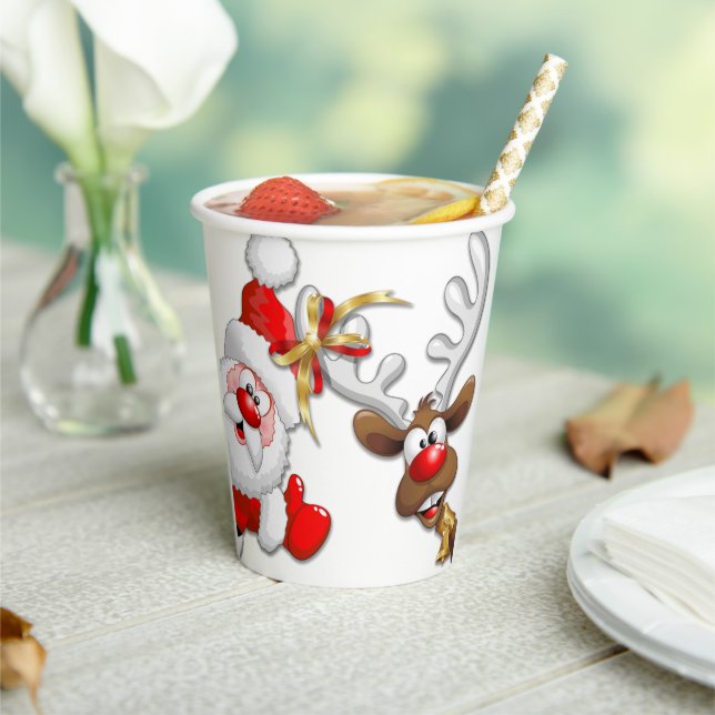 Santa und Reindeer Merry Christmassy Happy Cartoon Pappbecher (In Situ)