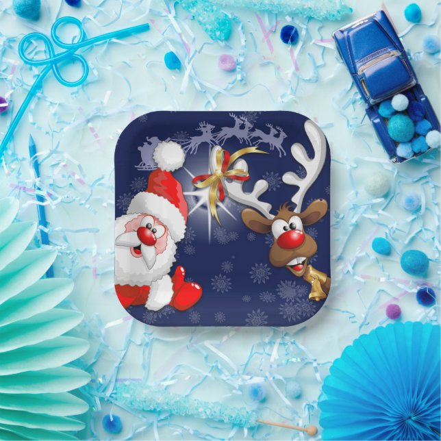 Santa und Reindeer Merry Christmassy Happy Cartoon Pappteller (Party)
