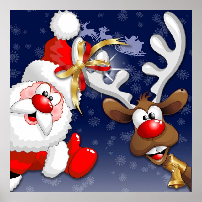 Santa und Reindeer Merry Christmassy Happy Cartoon Poster (Vorne)
