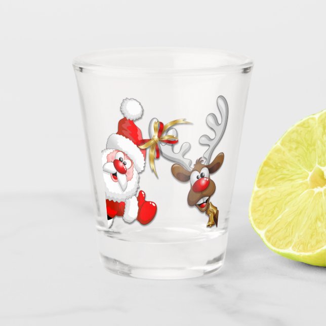 Santa und Reindeer Merry Christmassy Happy Cartoon Schnapsglas (Vorderseite)