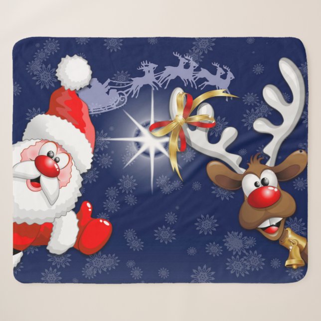 Santa und Reindeer Merry Christmassy Happy Cartoon Sherpadecke (Vorderseite (Horizontal))