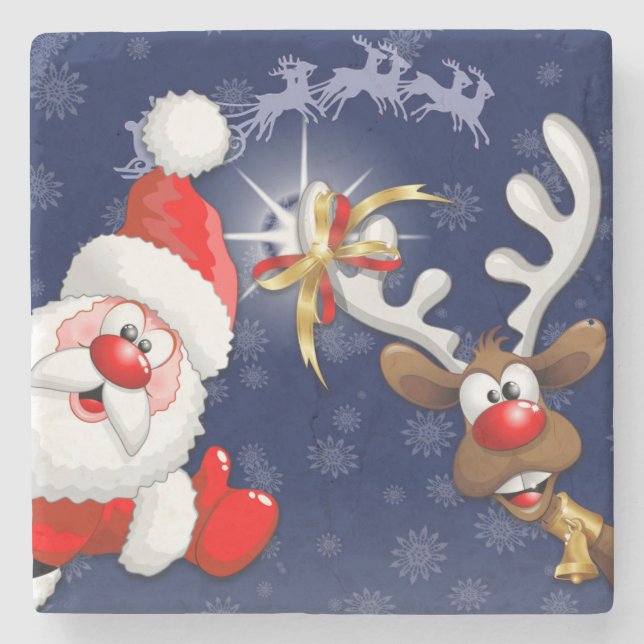 Santa und Reindeer Merry Christmassy Happy Cartoon Steinuntersetzer (Vorderseite)