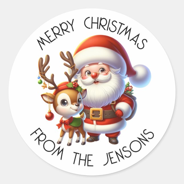 Santa und Reindeer Niedlicher Cartoon Weihnachten Runder Aufkleber (Vorderseite)