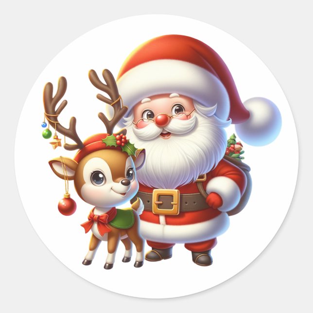 Santa und Reindeer Niedlicher Cartoon Weihnachten Runder Aufkleber (Vorderseite)
