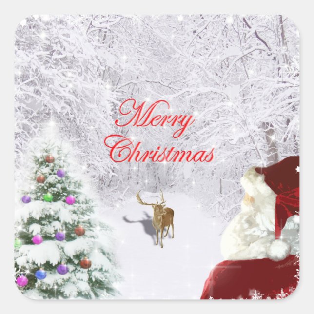 Santa und Reindeer Quadratischer Aufkleber (Vorderseite)