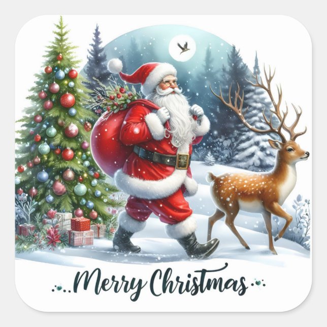 Santa und Rentier im Schneewald Quadratischer Aufkleber (Vorderseite)