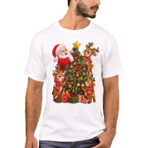 Santa und Rentier schmücken einen Weihnachtsbaum