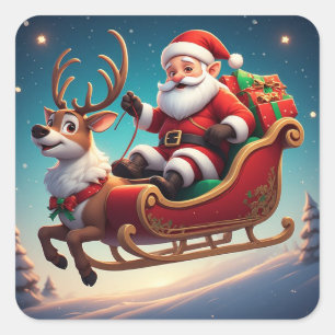 Santa und Rentier Weihnachtsschlitten Kunstwerk Quadratischer Aufkleber