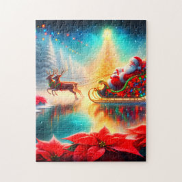 Santa und Rentiere auf einem zugefrorenen Teich au