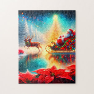 Santa und Rentiere auf einem zugefrorenen Teich au