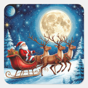 Santa und Rentiere unter vollem Christmond Quadratischer Aufkleber