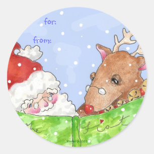 Santa und Rudolf mit Liste Runder Aufkleber