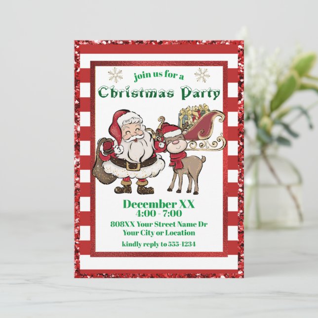 Santa und Rudolph Candy Cane Weihnachts-Party Einladung (Stehend Vorderseite)