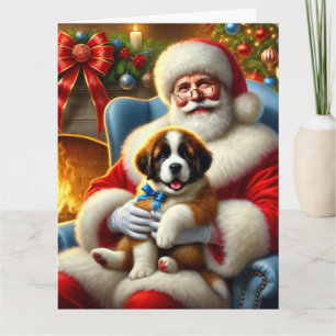 Santa und Saint Bernard Puppy mit Blue Bow Karte