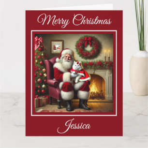 Santa und schöne weiße Katze Karte