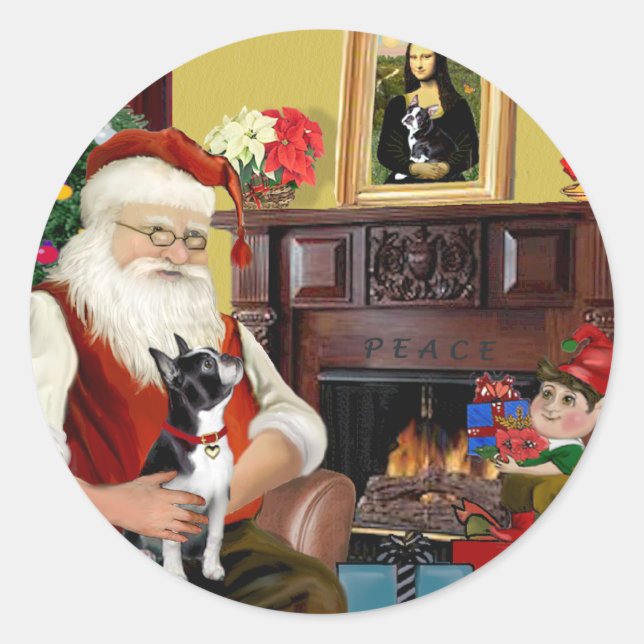 Santa und seine Boston Terrier Runder Aufkleber (Vorderseite)