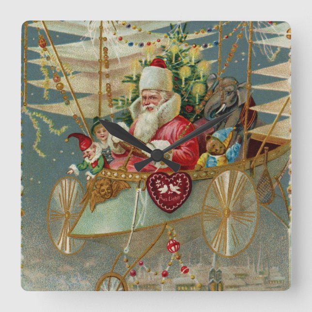 Santa und seine Phantastische Fliegermauer Quadratische Wanduhr (Vorderseite)