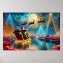 Santa und seine Rentiere fliegen am Himmel Poster