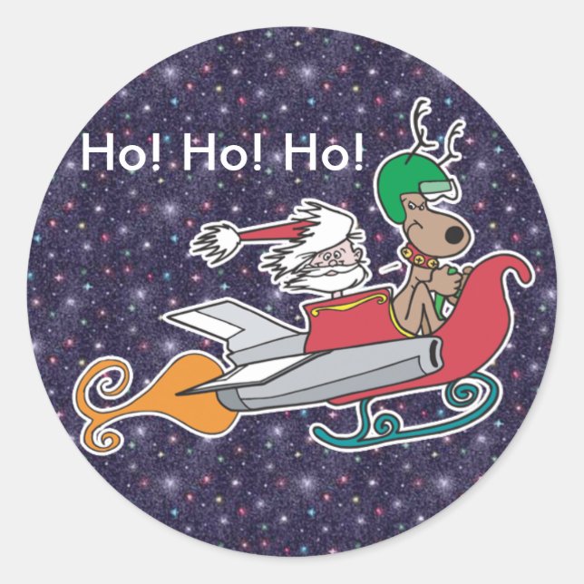 Santa und seine Rocket Sleigh Runder Aufkleber (Vorderseite)
