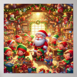 Santa und seine süßen kleinen Elfen in seiner Werk Poster