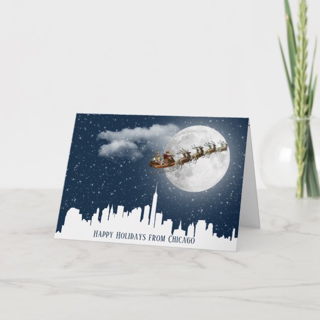 Santa und Sleigh fliegen über die Skyline der Groß Karte (Vorderseite)