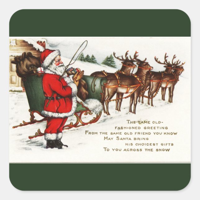 Santa und Sleigh mit Rentier Green Quadratischer Aufkleber (Vorderseite)