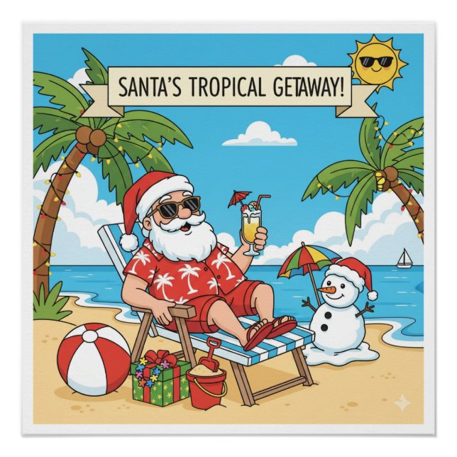 Santa und Snowman am Strand Poster (Vorderseite)