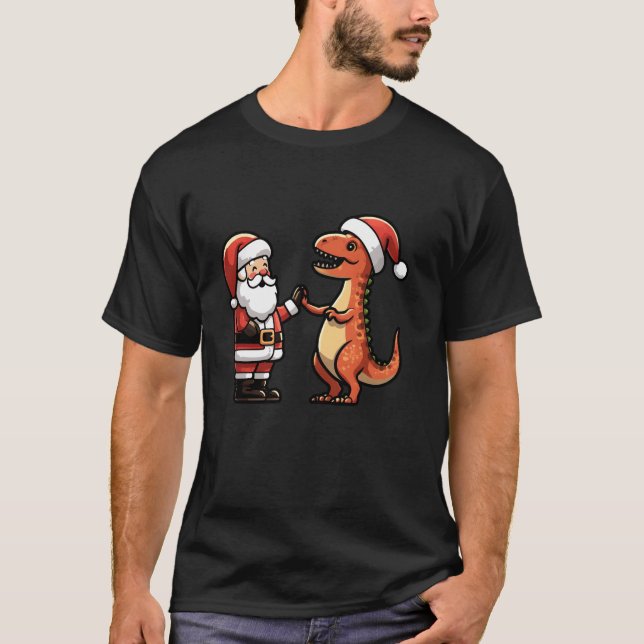 Santa und T Rex Dinosaur Hoch Fiving Funny Christm T-Shirt (Vorderseite)