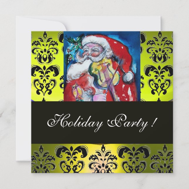 SANTA & VIOLIN YELLOW BLACK DAMASK MONOGRAMM Ruby Einladung (Vorderseite)