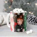 Santa Visit Two Photo Collage Christmas Keepsake Kaffeetasse<br><div class="desc">Personalize this festive Christmas coffee or hot cocoa mug with two favorite photos and custom "Santa Visit"   Year text.  Design features a white winter snowflake border pattern. Hunter green background color can be customized to coordinate with your photo design.</div>