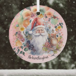 Santa Vögel und Blume auf der hellroten Namensmono Ornament Aus Glas<br><div class="desc">Dieses Design besticht durch einen altmodischen Weihnachtsmann mit einigen Schneeflocken,  der sich in eine wunderschöne Blume einfügt. Im Vordergrund steht ein Vogel mit einer Krone von Blume und ein paar kleinen Vogelhäusern. Ihr Name oder Ihre Weihnachtsnachricht erscheint in einem Text unterhalb des Weihnachtsmannes.</div>