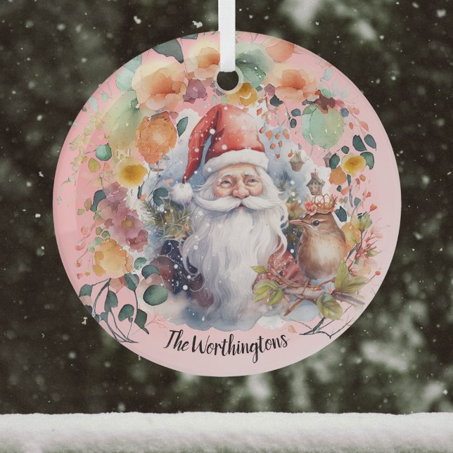 Santa Vögel und Blume auf der hellroten Namensmono Ornament Aus Glas (Von Creator hochgeladen)