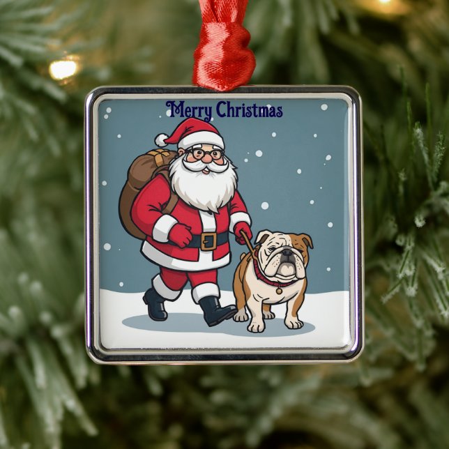 Santa walking a bulldog Christmas holiday Ornament (Baum)