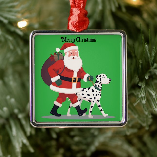Santa walking a Dalmatian dog Christmas Ornament Aus Metall (Baum)
