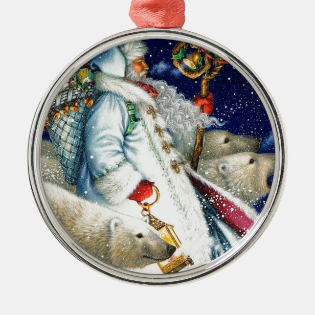 Santa Walking mit Eisbären Ornament Aus Metall (Vorne)