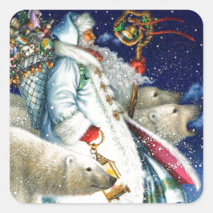 Santa Walking mit Eisbären Quadratischer Aufkleber