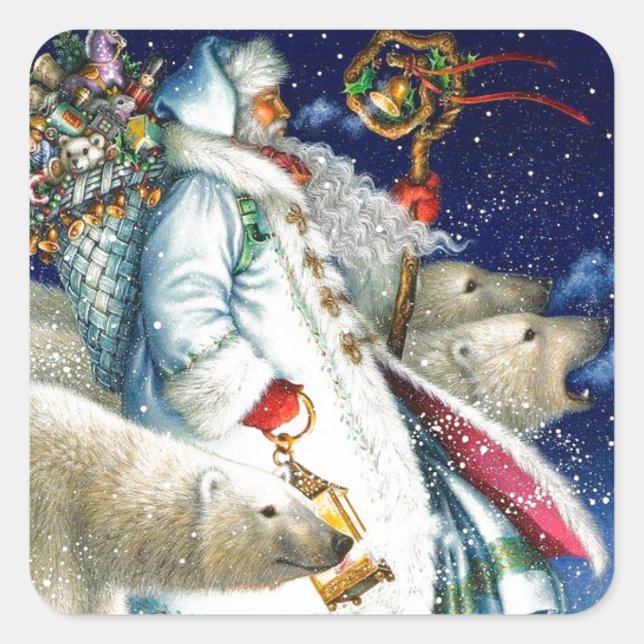 Santa Walking mit Eisbären Quadratischer Aufkleber (Vorderseite)