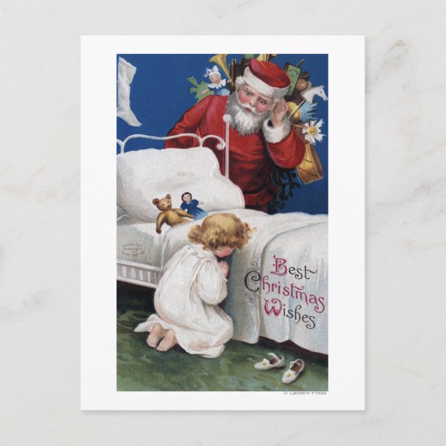 Santa watching Girl Praying Feiertagspostkarte (Vorderseite)