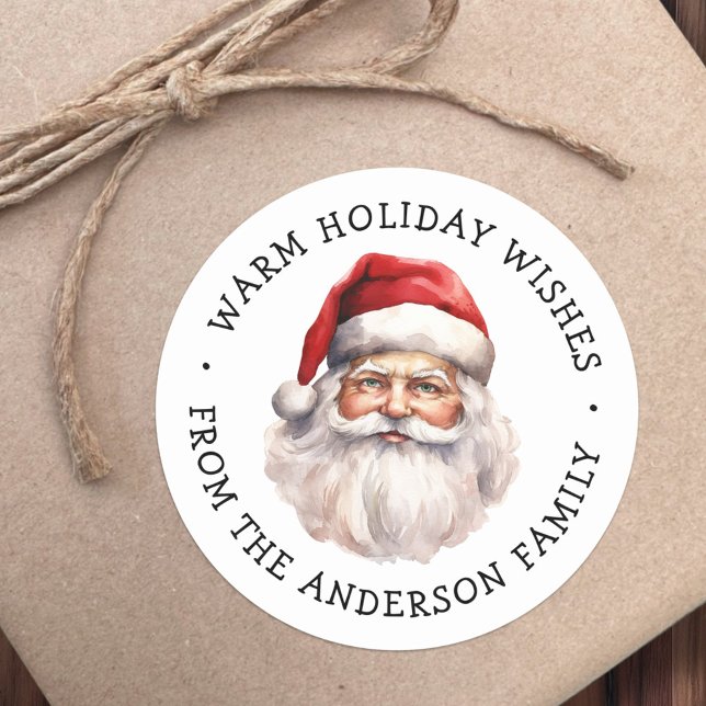 Santa watercolor warm winter wishes runder aufkleber (Cute dopey gingerbread man warm winter wishes classic round sticker)