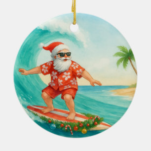 Santa Weihnachts-Surfer surft auf großer Welle Keramik Ornament