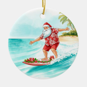 Santa Weihnachts-Surfer surft auf großer Welle Keramik Ornament