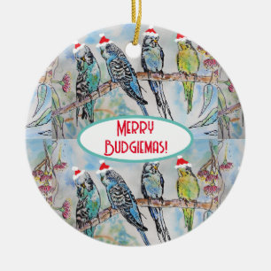 Santa Wellensittich Weihnachts-Aquarellmalerei Vog Keramik Ornament