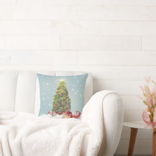 Santa Welpe: Lächelnder Bichon und Weihnachtsbaum Kissen