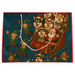 Santa with joyous pups and elves! große geschenktüte