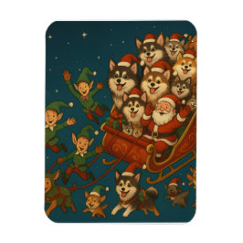 Santa with joyous pups and elves! magnet