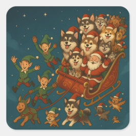 Santa with joyous pups and elves! quadratischer aufkleber