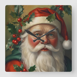 Santa With Mistletoe Quadratische Wanduhr