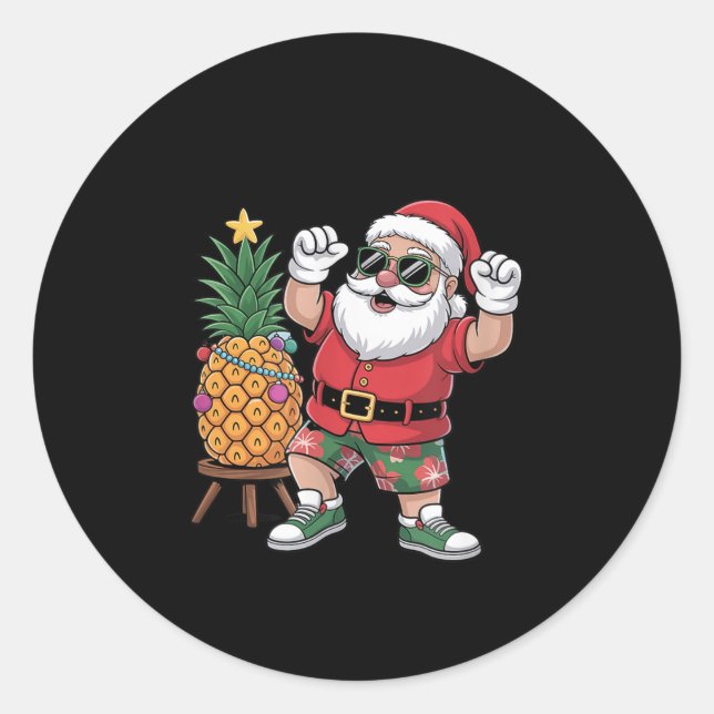 Santa With Pineapple Christmas Tree In Summer Time Runder Aufkleber (Vorderseite)