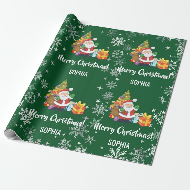 Santa Xmas Tree Gifts Snowflakes Personalize Name Geschenkpapier (Ungerollt)